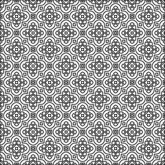 Black lines on white background.
Wallpaper with figures from lines. Abstract geometric black and white pattern for web page, textures, card, poster, fabric, textile. Monochrome repeating design. 
