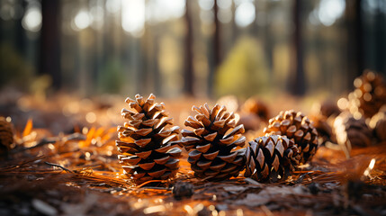 autumn fall pine cones shot in forest - obrazy, fototapety, plakaty