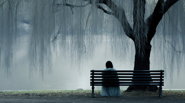 Melancholic Picture of Woman Sitting Nearby River