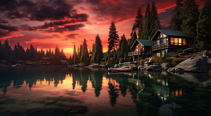 Obraz premium Riverside House During Winter Holidays