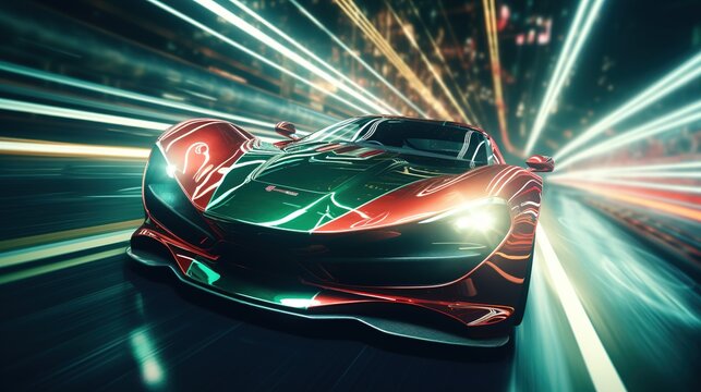 fast moving green and red stripe supercar on  the highway at night