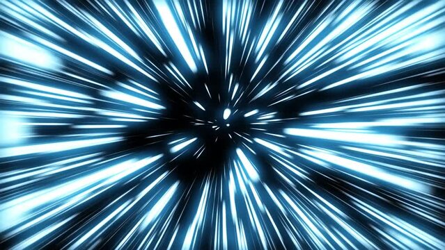Hyperspace jump 4K animation. Flying through deep space, Universe light speed tunnel. Traveling in outer space concept. Fx background with shining starburst, abstract hyperspace jump