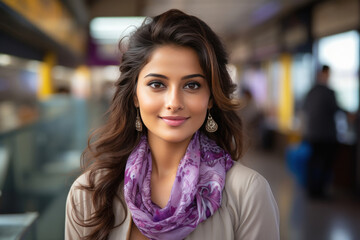 Young Indian beautiful woman standing on railway platform