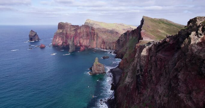 Ponta de S&atilde;o Louren&ccedil;o in Madeira, Portugal, boasts a striking coastal vista with its rugged cliffs and unique volcanic rock formations.