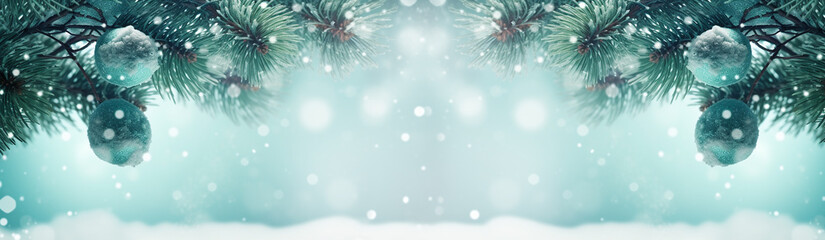 Fototapeta na wymiar Festive of Christmas background decorate by fir twigs with teal blue and snow bokeh background .