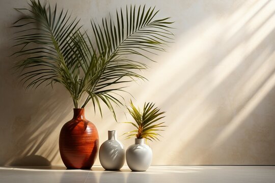 a group of vases with a palm tree in it