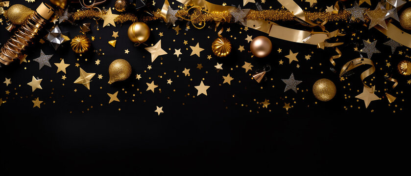 Gold stars confetti and ribbons on black background for party celebration, New year and Merry Christmas