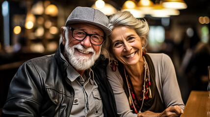 Obraz premium a candid photo of a cute old people couple laughing and having fun in the retirement house. couple with grey hair glasses and hat. Generative AI