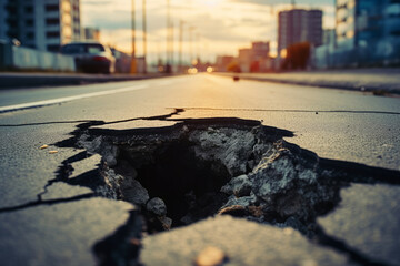 A hole in the ground in the middle of the road. A large pit in the asphalt due to a pipeline accident - obrazy, fototapety, plakaty