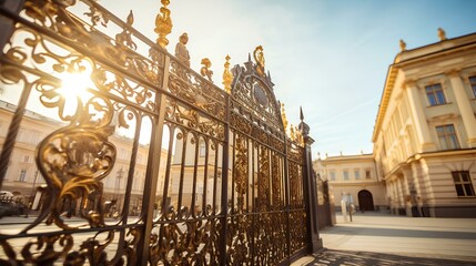 An imposing iron-wrought gate against the backdrop of a stately building, emphasizing the majestic aura of historical architecture. generative AI