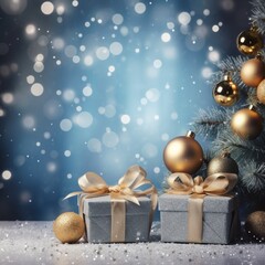 Fototapeta na wymiar Christmas decorations, gift boxes, sparkling bokeh, AI generated 