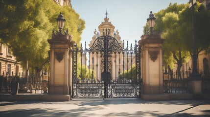 An imposing iron-wrought gate against the backdrop of a stately building, emphasizing the majestic aura of historical architecture. generative AI