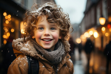 Cute boy having wonderful time on traditional Christmas market on winter evening. A child enjoying himself at Christmas fair decorated with lights.