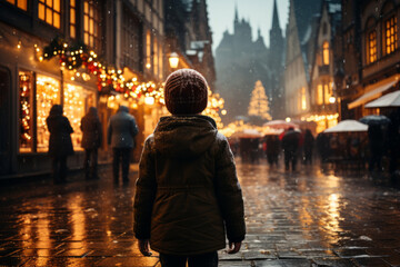Cute boy having wonderful time on traditional Christmas market on winter evening. A child enjoying himself at Christmas fair decorated with lights. - obrazy, fototapety, plakaty