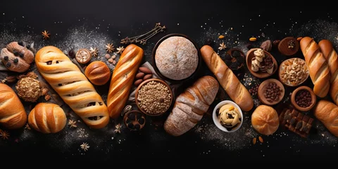  Bakery - various kinds of breadstuff. Bread rolls, baguette, bagel, sweet bun and croissant captured from above (top view, flat lay). Black background, free copy space. Horizontal banner layout. © Rzk