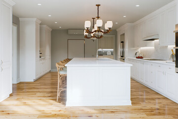 Traditional white kitchen with long island and wooden chairs with varnished wood flooring. 