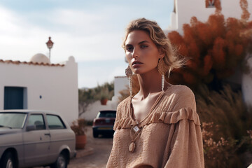 Mujer rubia de pie posando con un vestido de gasa marrón en un paisaje de la isla de Ibiza en España - obrazy, fototapety, plakaty