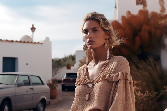 Mujer rubia de pie posando con un vestido de gasa marrón en un paisaje de la isla de Ibiza en España