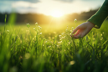 The grassy expanse kindly safeguards the Earth's ecosystem. A woman's hand caresses the grass blades. Earth's energy nurtures the mind and body, promoting health. The concept of healing. - obrazy, fototapety, plakaty