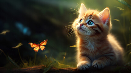 Naklejka na ściany i meble Cat and butterfly kitten