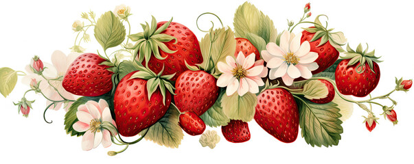 Watercolor drawing of fresh red strawberries with flowers on white background.