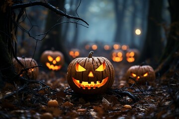 a group of carved pumpkins in a forest