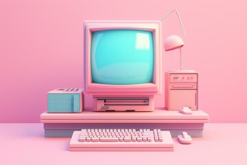 Retro pink computer on blue background, with system unit, monitor, keyboard, and mouse. Vintage pastel 3D rendering, minimal concept. Generative AI - obrazy, fototapety, plakaty