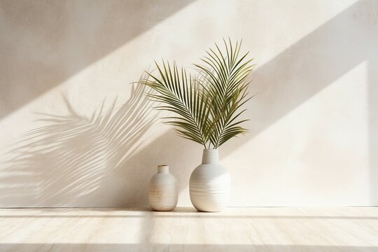 a pair of vases with a palm leaf in it