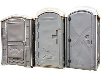 3 Porta johns porta potty againsts transparent background, high res png, toilet, restroom, public 