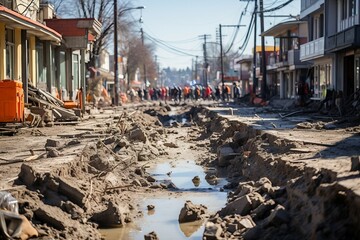 a muddy road with people walking around