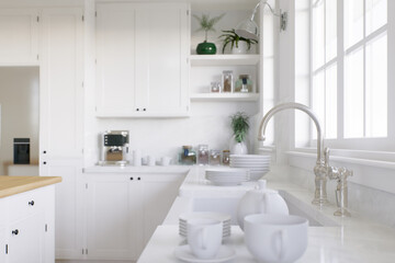 Kitchen sink by the window with dishes. 