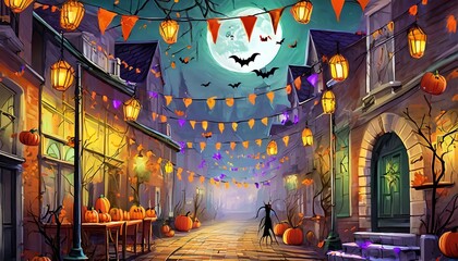 Illustration pour fête d'halloween dans une ambiance nocturne en ville