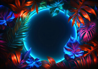 Abstract background with neon circle and tropical leaves, free space for text - obrazy, fototapety, plakaty