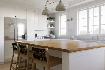White U-shaped kitchen with windows, kitchen appliances and utensils. 