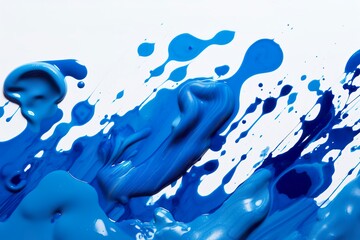 Close up of blue paint shapes on white background with copy space.
