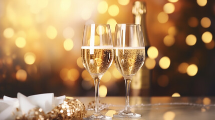 Two glasses of champagne with bokeh light background for New year and Christmas celebration, a Dinner party anniversary with romance mood and tone.