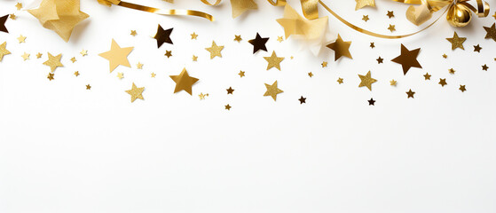 Gold stars confetti and ribbons on white background for party celebration, a New year and Merry Christmas
