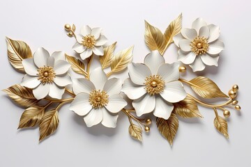 3d gold flowers white backgroung.