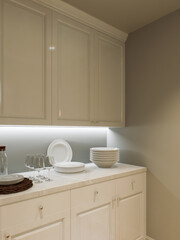 Kitchen pantry with white cabinets and utensils. 