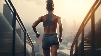 Fitness, sport, people, exercising and lifestyle concept - female running upstairs on city stairs. Sports woman running on the modern stairs in the city in the morning. Close-up back view. - obrazy, fototapety, plakaty