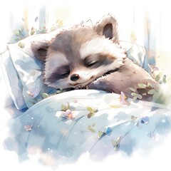 A sleepy baby raccoon in a bedding. watercolor illustration.