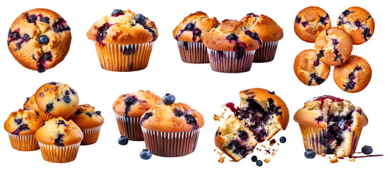 Blueberry muffin muffins on transparent background cutout, PNG file. Many assorted different design angles. Mockup template for artwork - obrazy, fototapety, plakaty