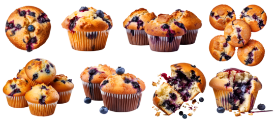 Blueberry muffin muffins on transparent background cutout, PNG file. Many assorted different design angles. Mockup template for artwork