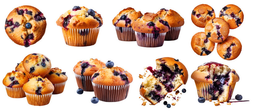 Blueberry muffin muffins on transparent background cutout, PNG file. Many assorted different design angles. Mockup template for artwork