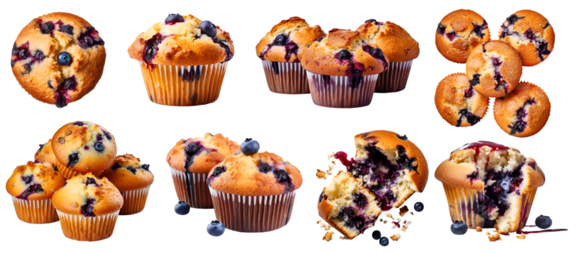 Blueberry muffin muffins on transparent background cutout, PNG file. Many assorted different design angles. Mockup template for artwork