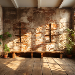 Empty room with old brick wall with sunlight and shadows