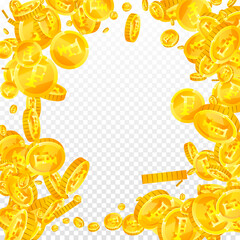 Swiss franc coins falling. Gold scattered CHF