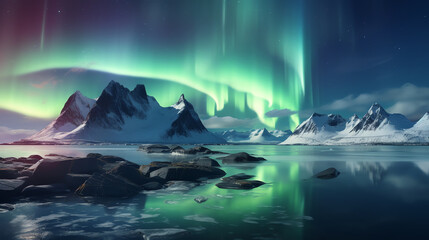 landscape of beautiful aurora borealis over snowy mountain background