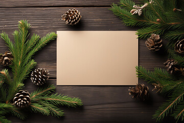 Flat lay of blank card on Christmas ornaments background, holiday concept