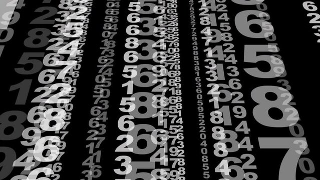 Animated numbers in sci-tech background counting and displaying random digits for data science. Algorithmic numerical animation on black background visualizing science of random numbers